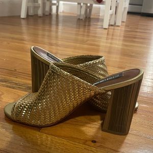 Gold woven block heel sandal